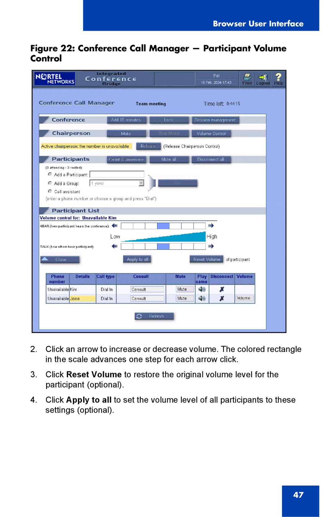 Nortel Networks Integrated Conference Bridge manual Conference Call Manager Participant Volume Control 