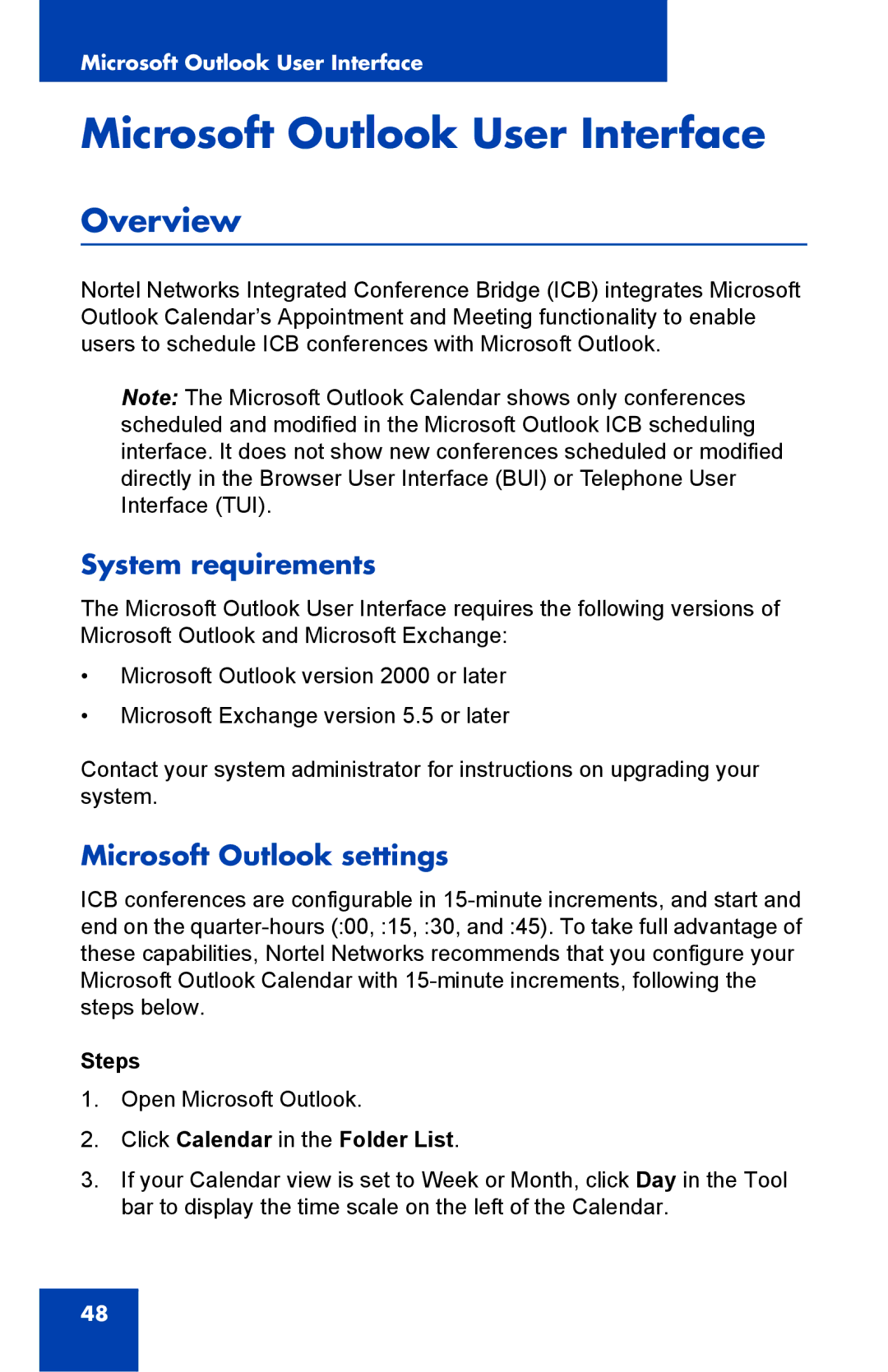 Nortel Networks Integrated Conference Bridge manual Overview, System requirements, Microsoft Outlook settings 