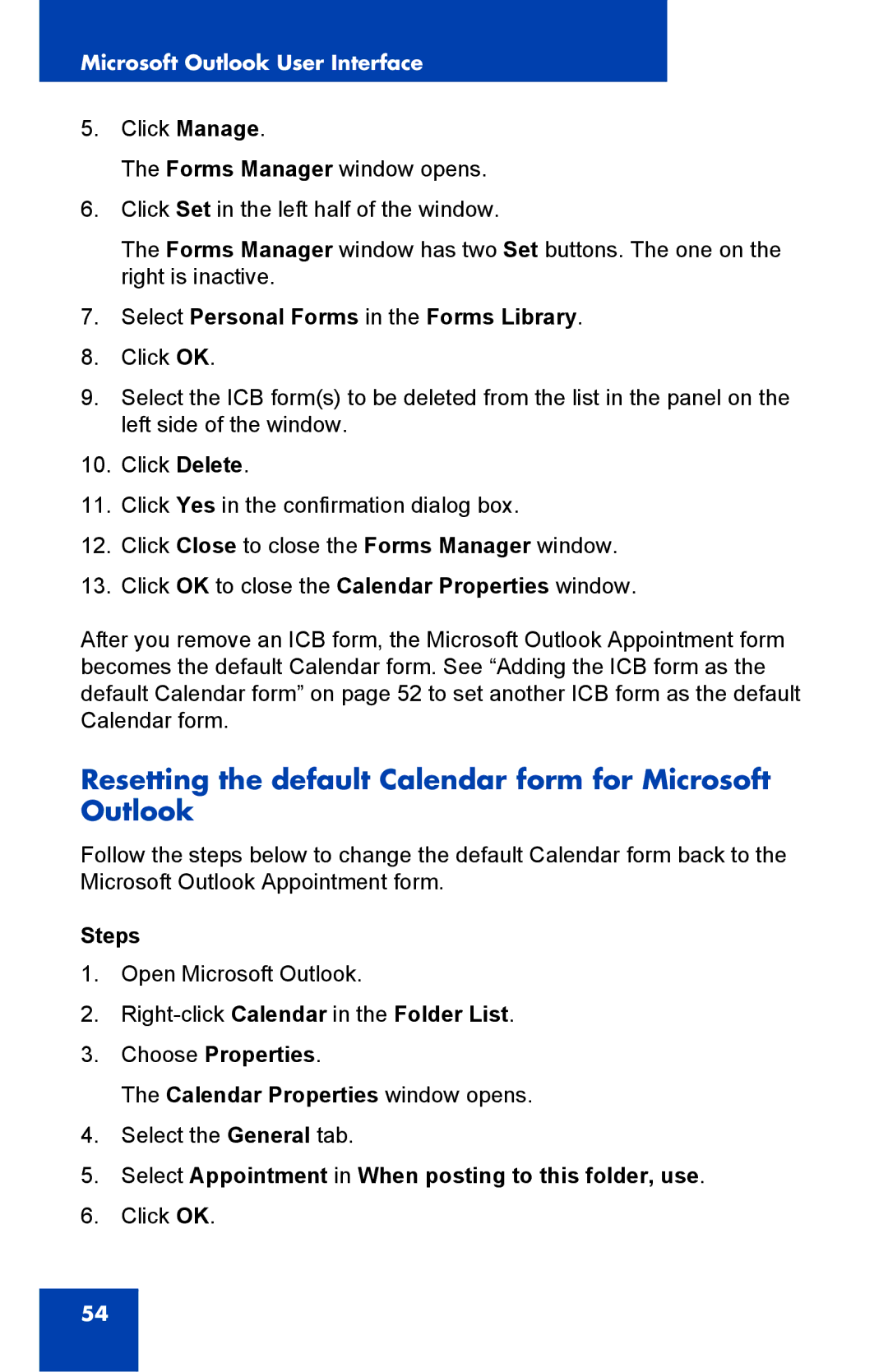 Nortel Networks Integrated Conference Bridge manual Resetting the default Calendar form for Microsoft Outlook 