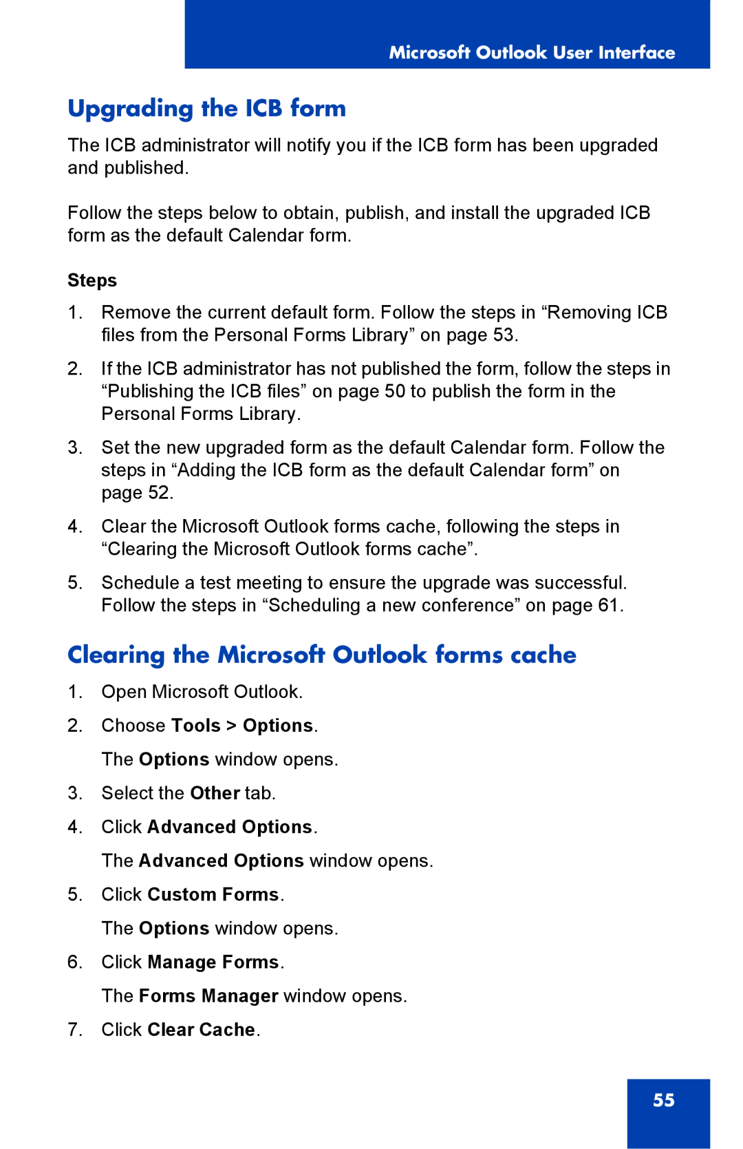 Nortel Networks Integrated Conference Bridge manual Upgrading the ICB form, Clearing the Microsoft Outlook forms cache 