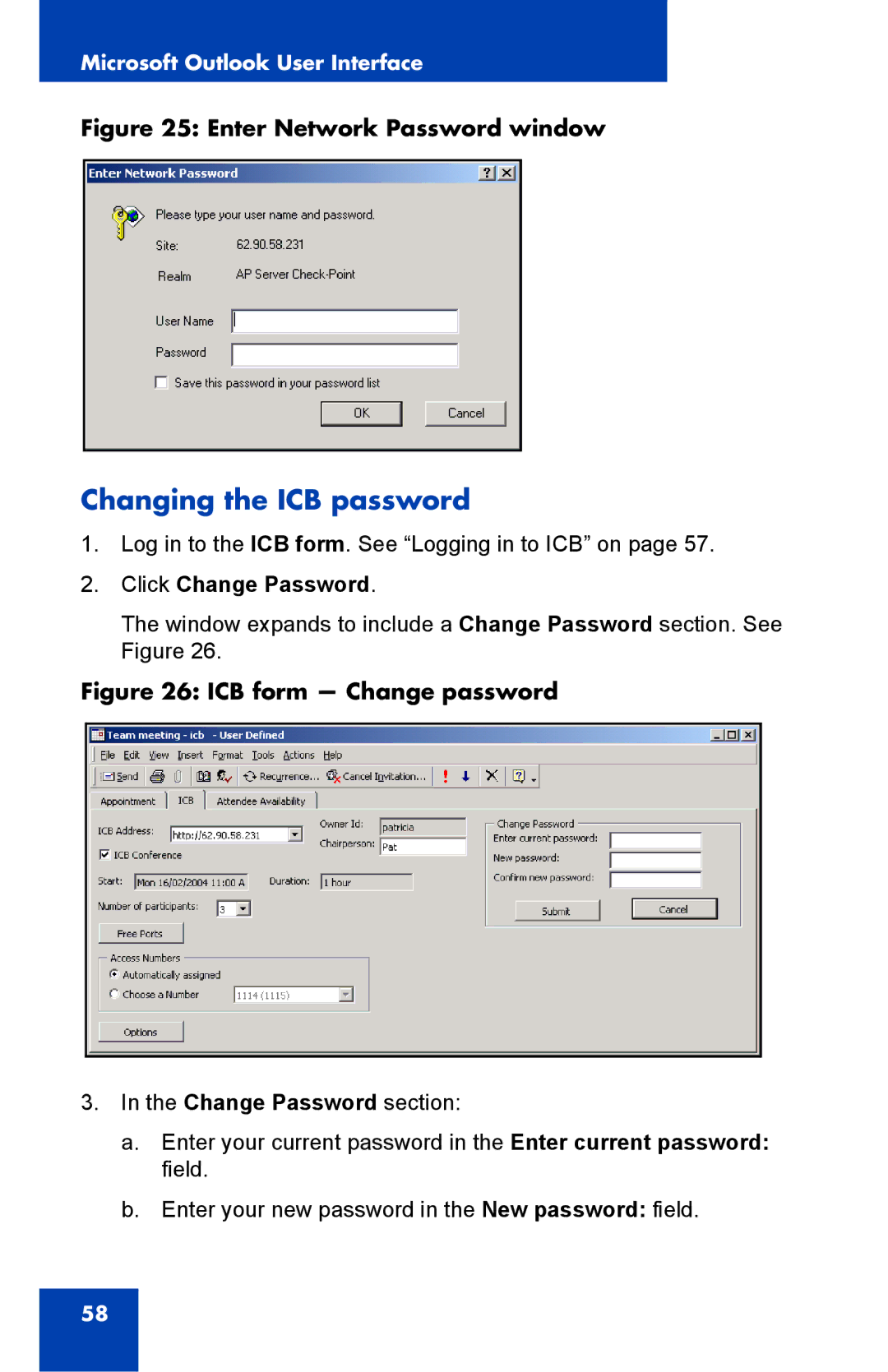 Nortel Networks Integrated Conference Bridge manual Changing the ICB password, Change Password section 