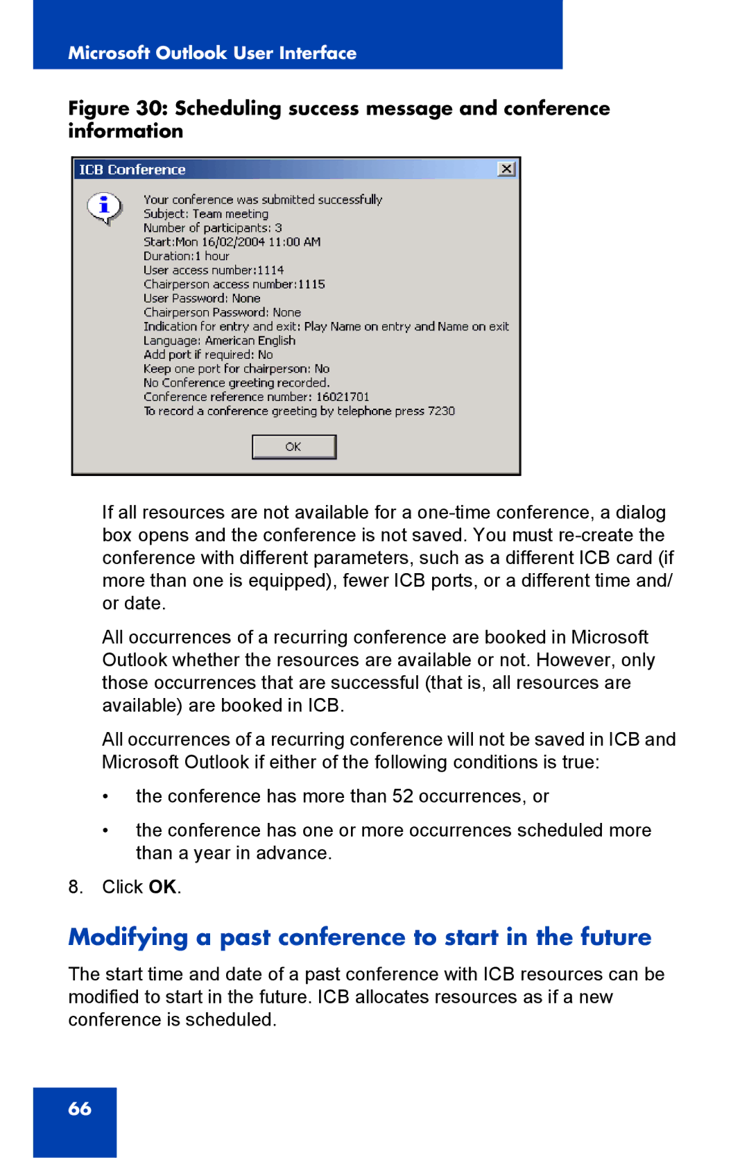 Nortel Networks Integrated Conference Bridge manual Modifying a past conference to start in the future 