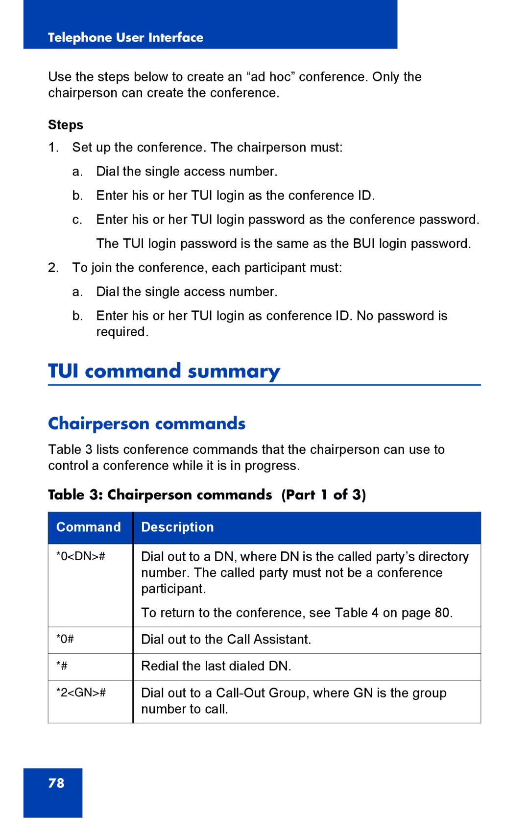 Nortel Networks Integrated Conference Bridge manual TUI command summary, Chairperson commands Part 1 