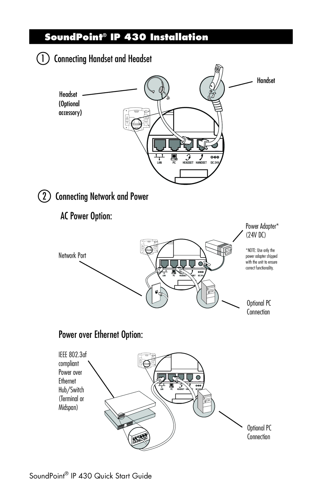 Nortel Networks quick start Connecting Handset and Headset, Power over Ethernet Option, SoundPoint IP 430 Installation 