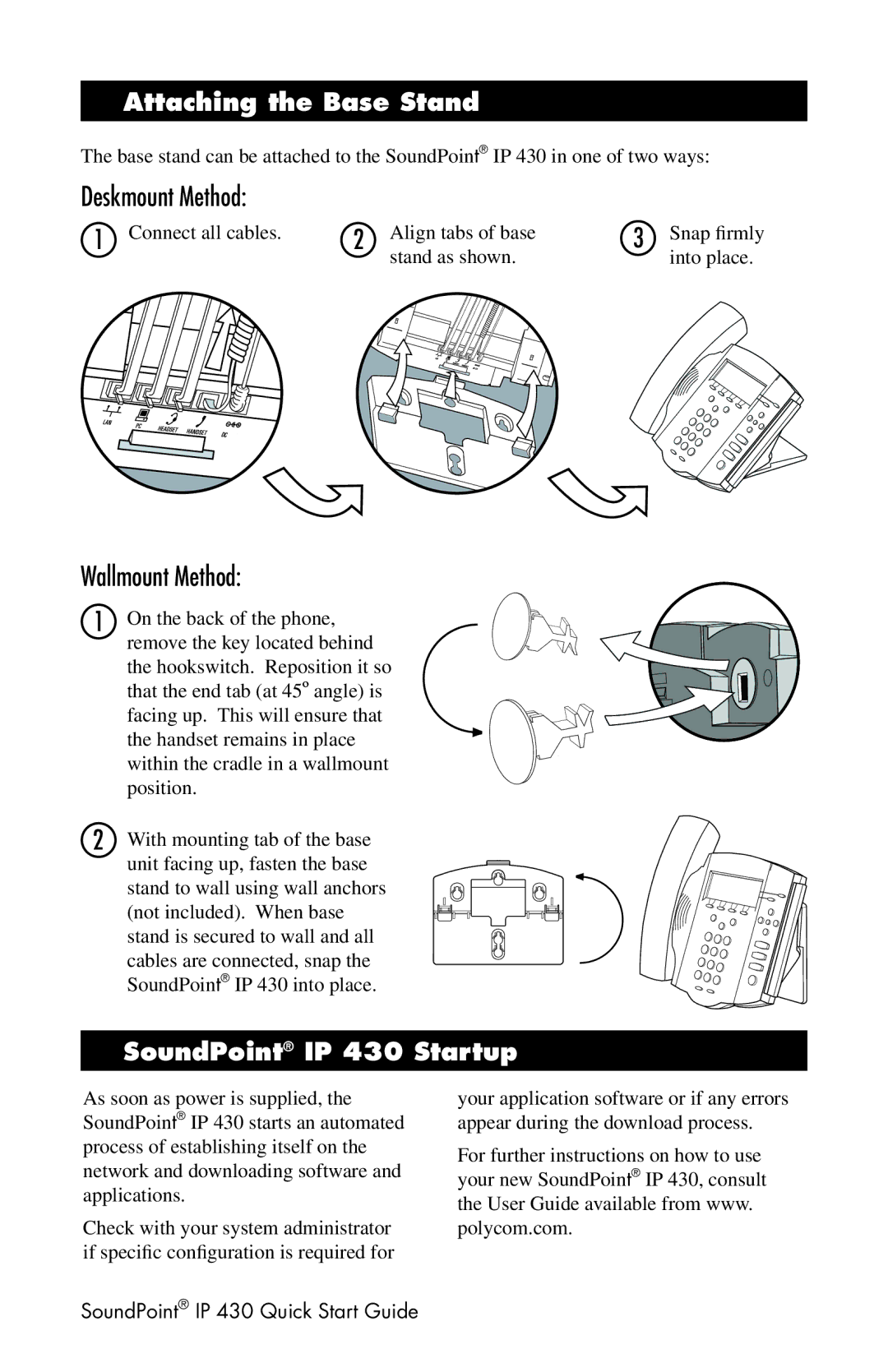 Nortel Networks quick start Deskmount Method, Wallmount Method, Attaching the Base Stand, SoundPoint IP 430 Startup 