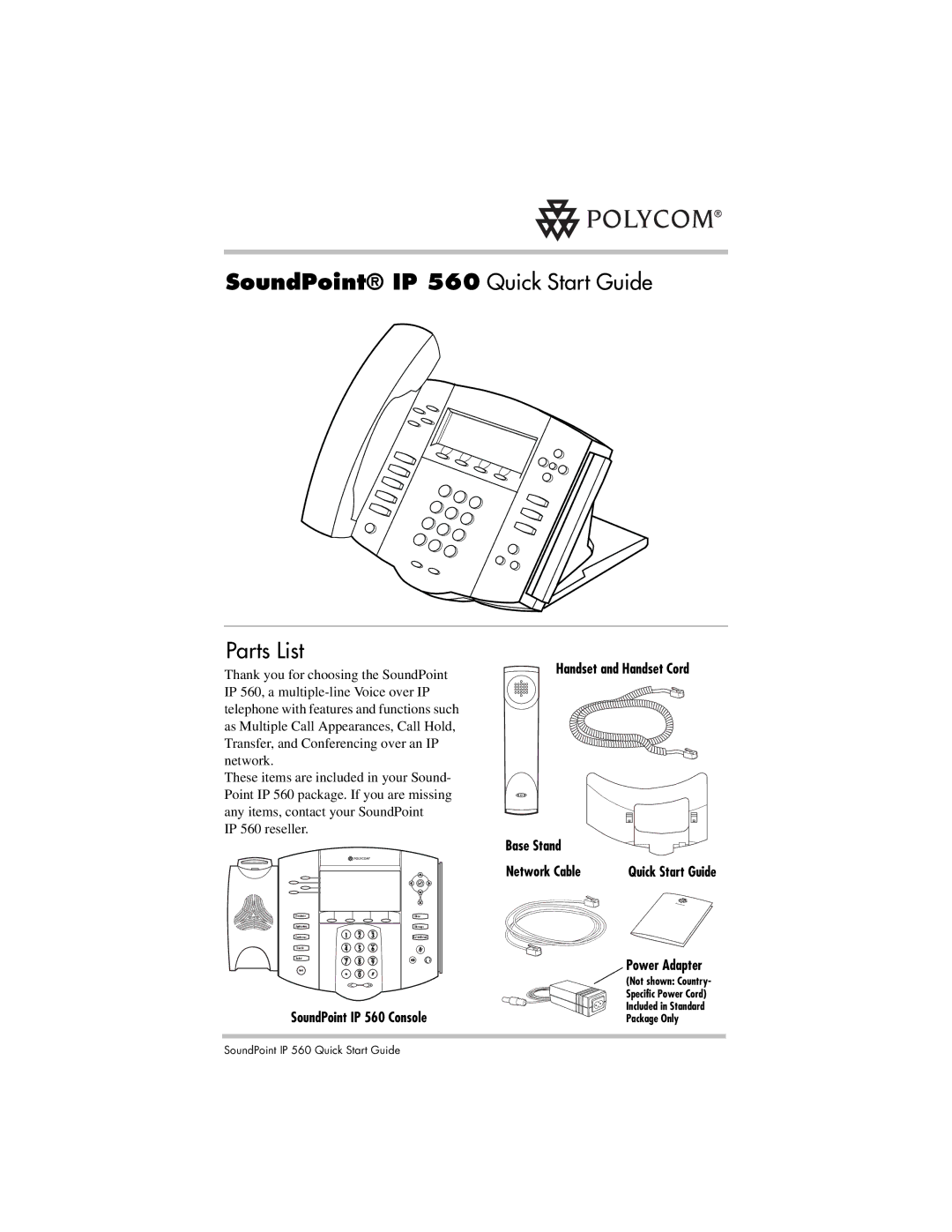 Nortel Networks quick start SoundPoint IP 560 Quick Start Guide, Parts List 