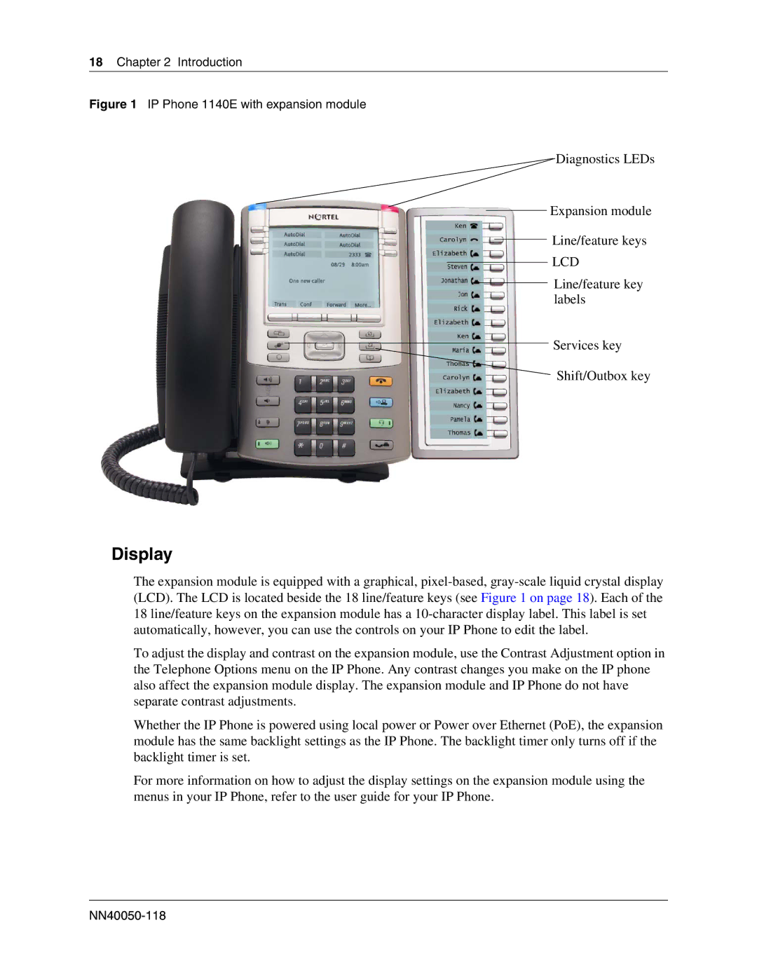 Nortel Networks IP Phone 1100 manual Display, IP Phone 1140E with expansion module 