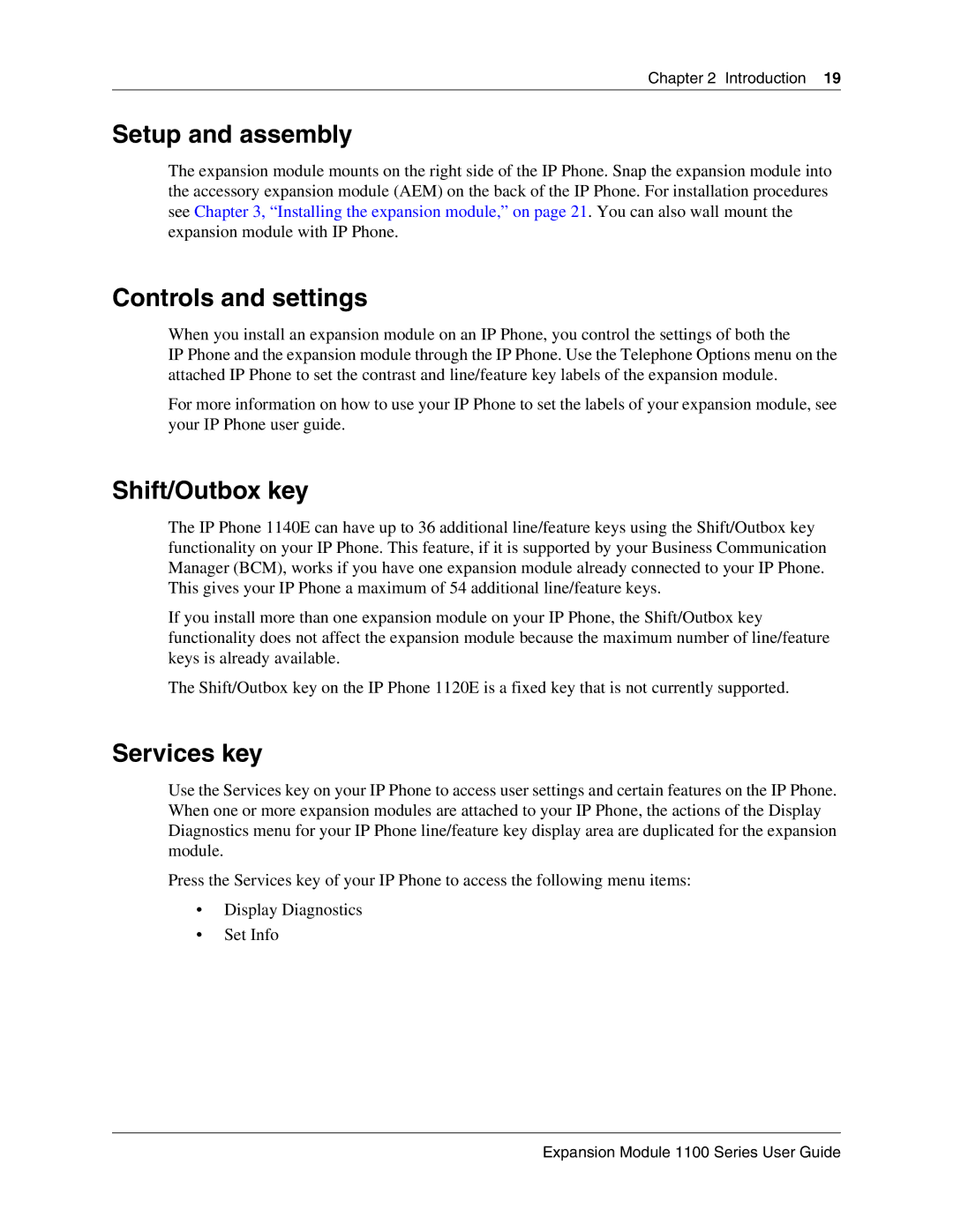 Nortel Networks IP Phone 1100 manual Setup and assembly, Controls and settings, Shift/Outbox key, Services key 