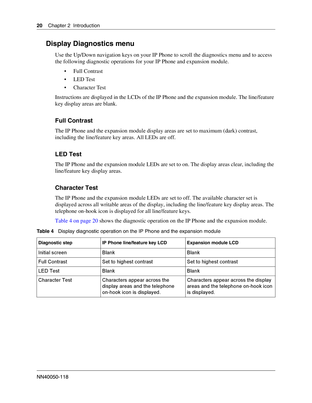 Nortel Networks IP Phone 1100 manual Display Diagnostics menu, Full Contrast 