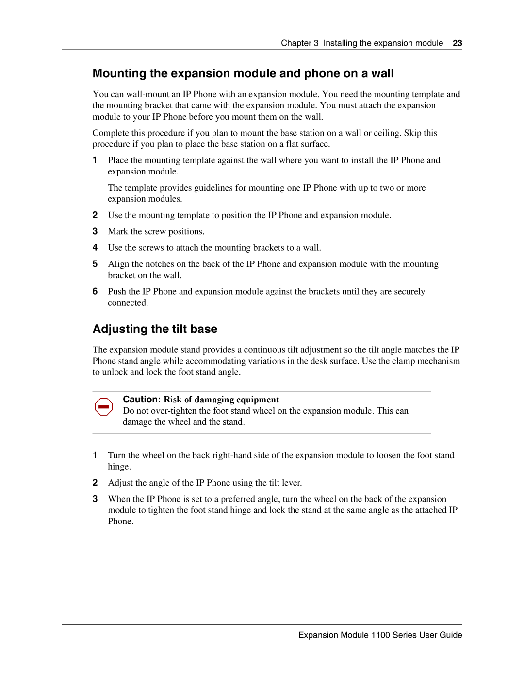 Nortel Networks IP Phone 1100 manual Mounting the expansion module and phone on a wall, Adjusting the tilt base 