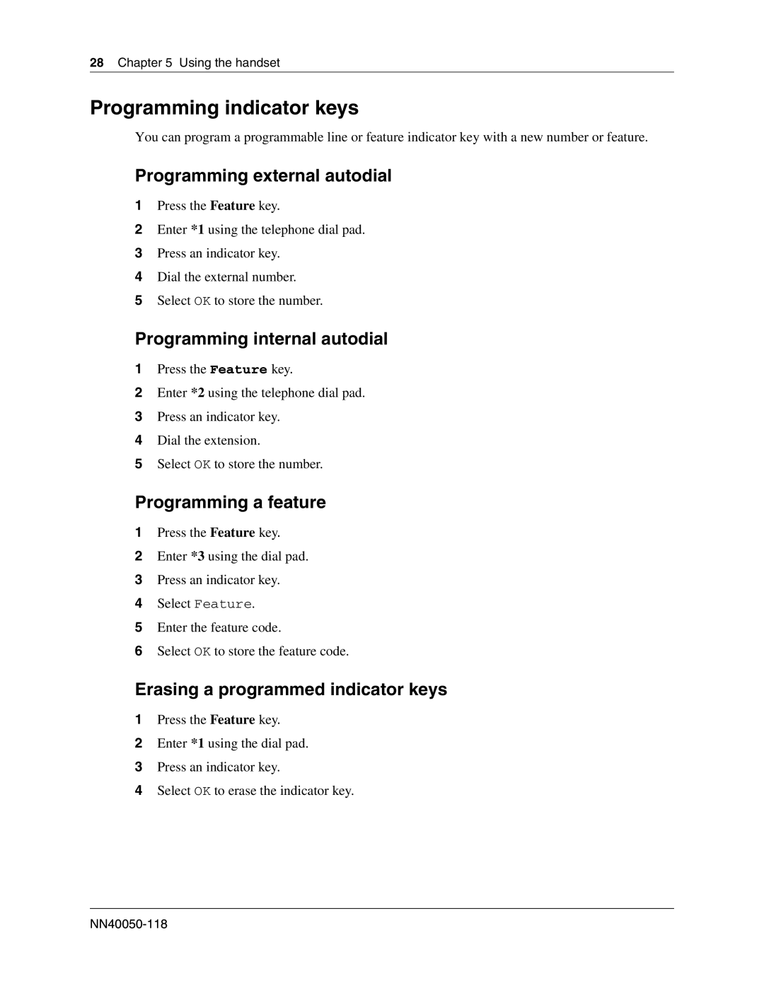 Nortel Networks IP Phone 1100 Programming indicator keys, Programming external autodial, Programming internal autodial 