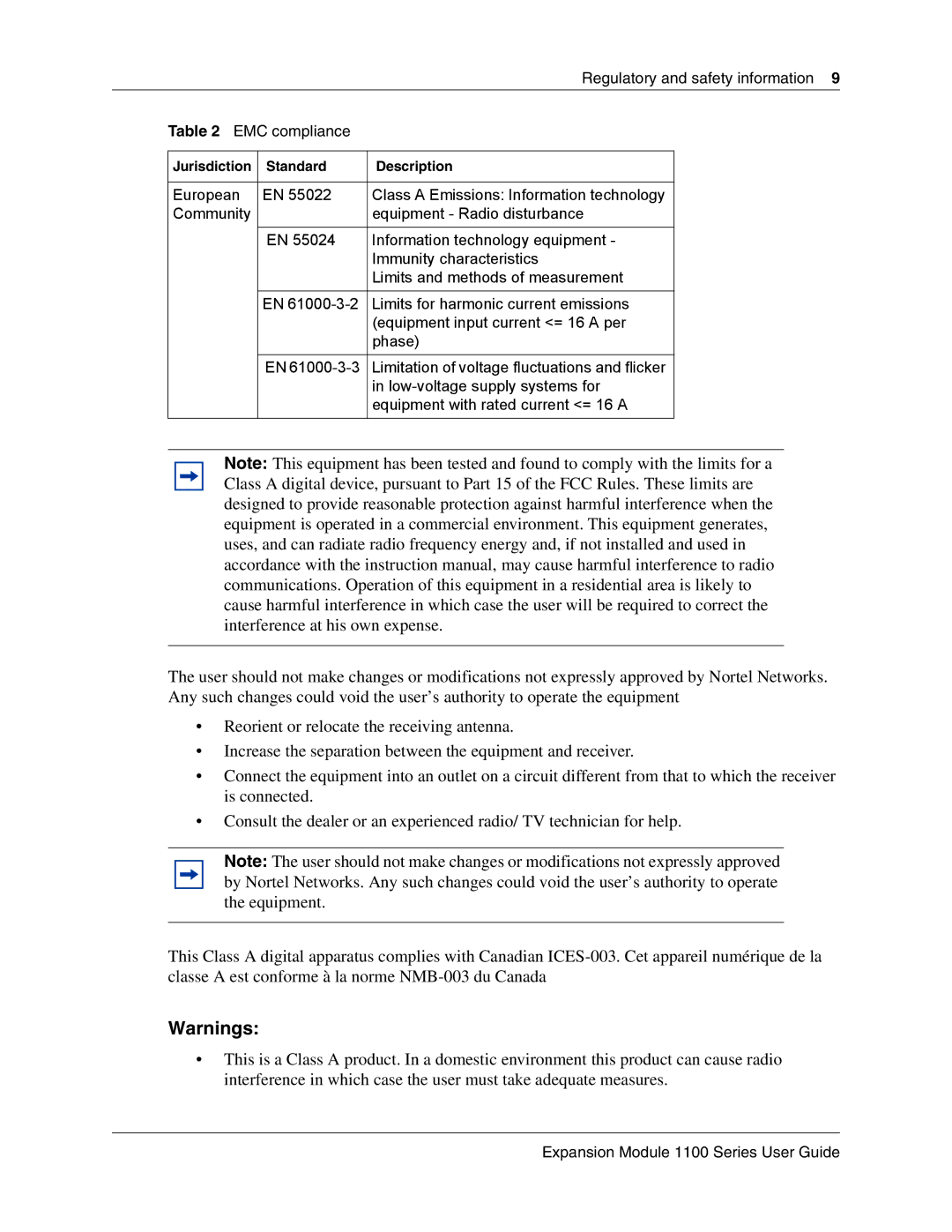 Nortel Networks IP Phone 1100 manual Regulatory and safety information EMC compliance 