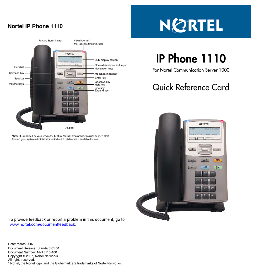 Nortel Networks IP Phone 1110 manual Quick Reference Card 