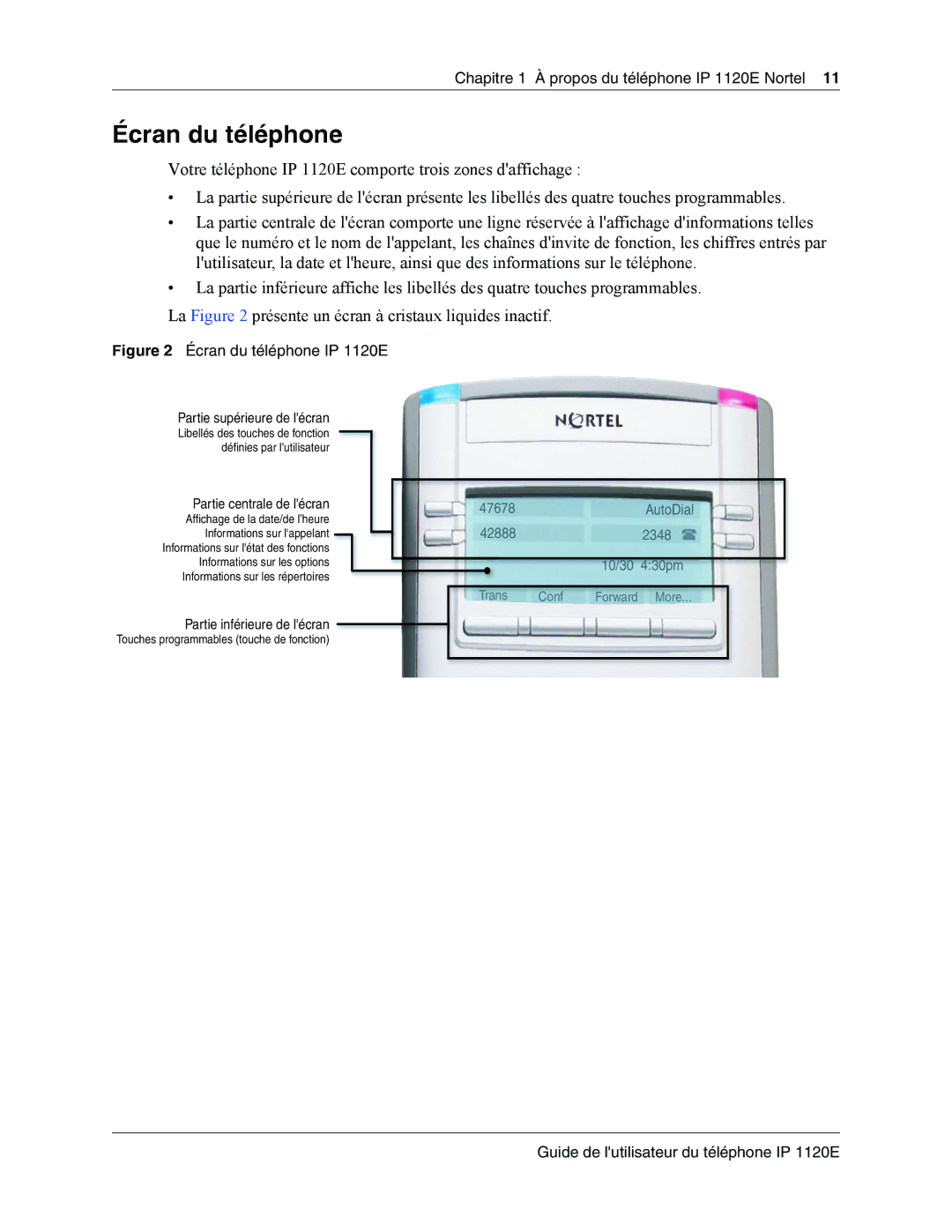 Nortel Networks IP Phone 1120E manual Écran du téléphone, Partie centrale de lécran 