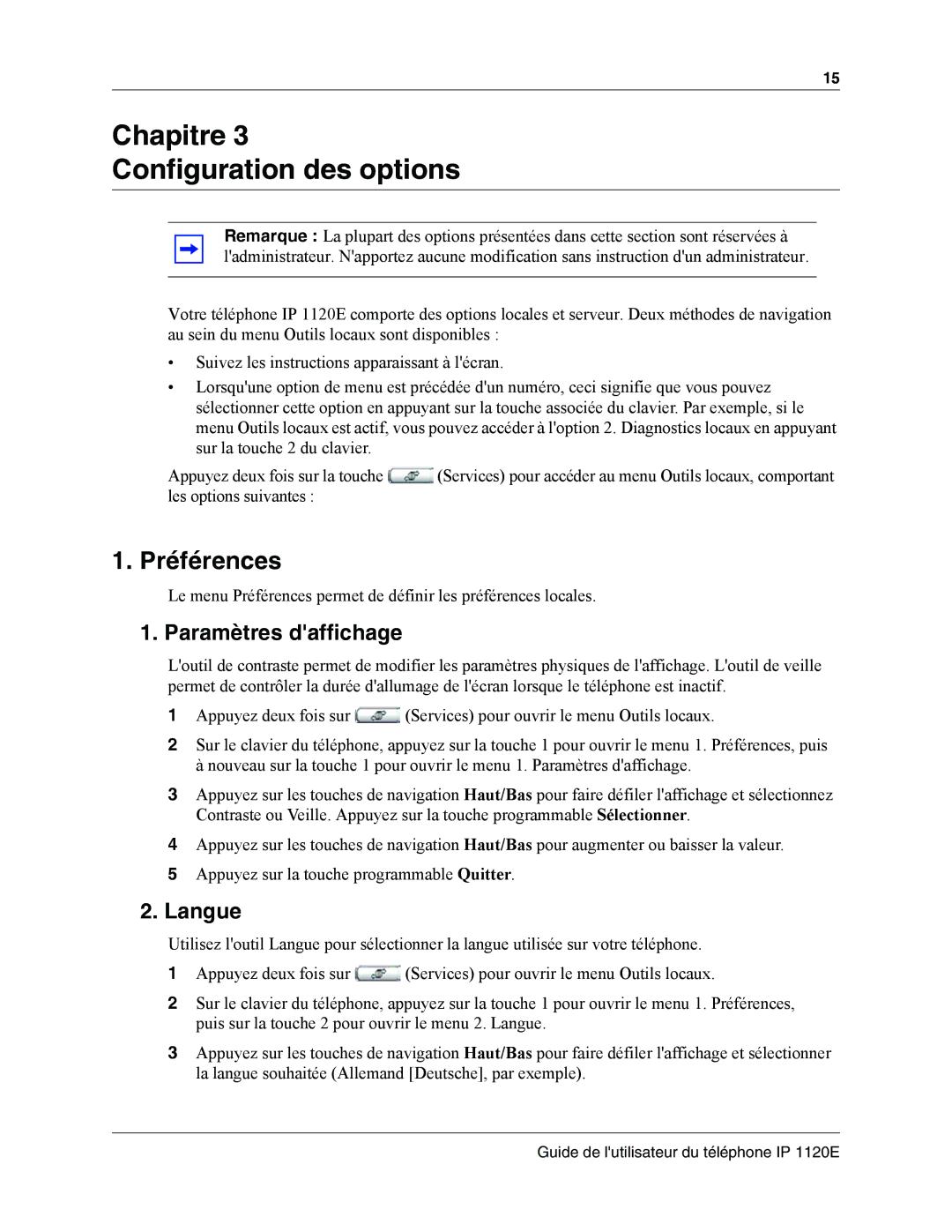 Nortel Networks IP Phone 1120E manual Préférences, Paramètres daffichage, Langue 