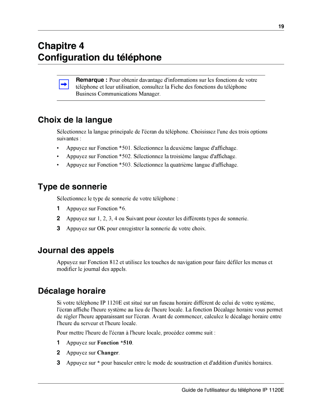 Nortel Networks IP Phone 1120E manual Choix de la langue, Type de sonnerie, Journal des appels, Décalage horaire 