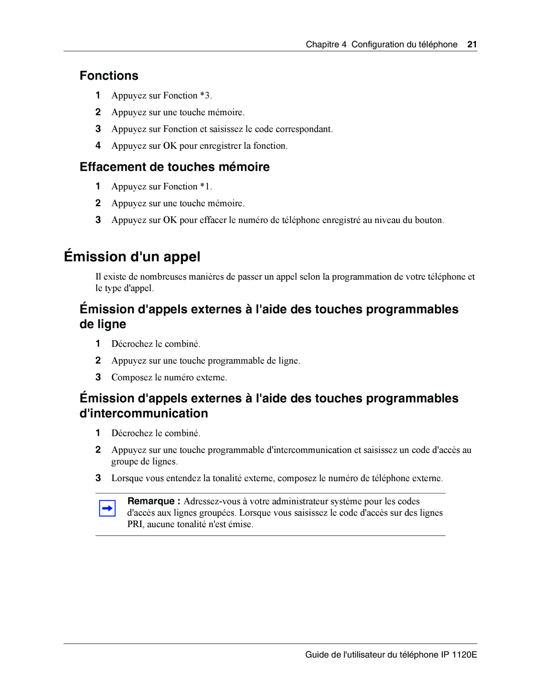 Nortel Networks IP Phone 1120E manual Émission dun appel, Fonctions, Effacement de touches mémoire 