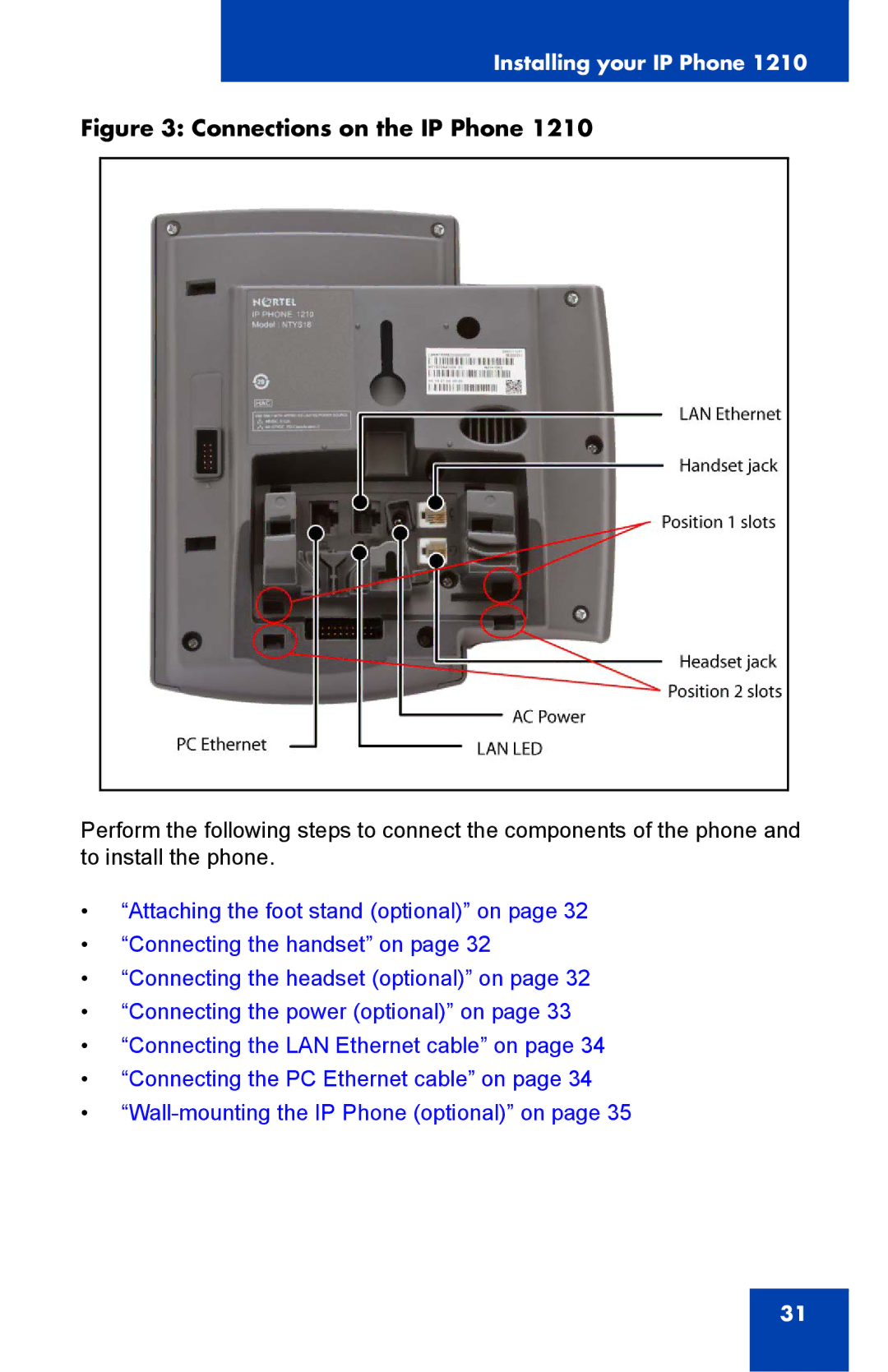 Nortel Networks IP Phone 1210 manual Connections on the IP Phone 