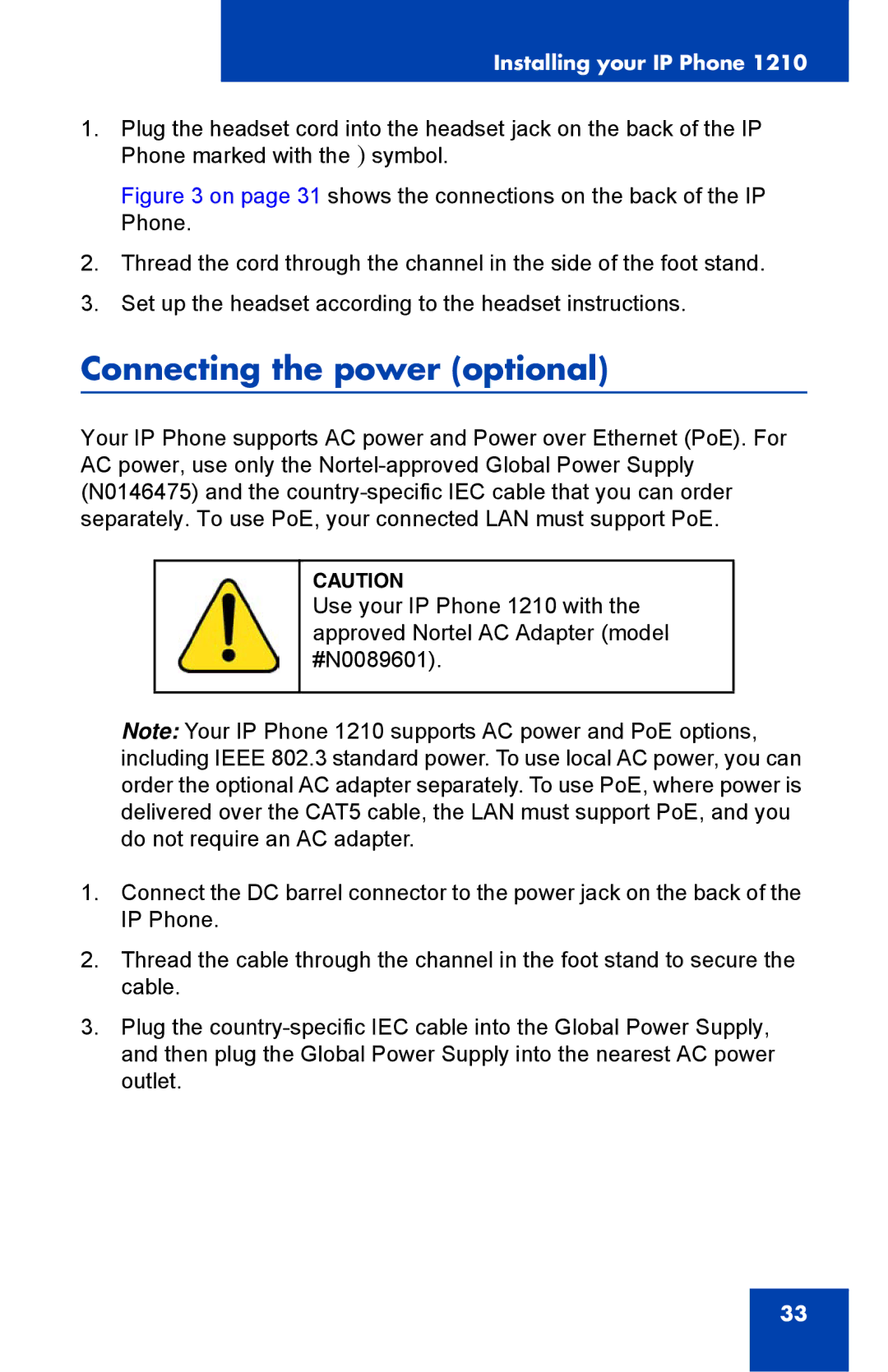 Nortel Networks IP Phone 1210 manual Connecting the power optional 