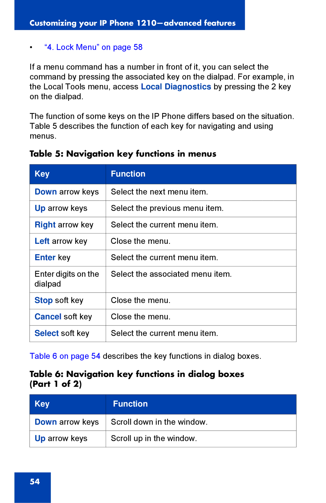 Nortel Networks IP Phone 1210 manual Lock Menu on, Enter key 