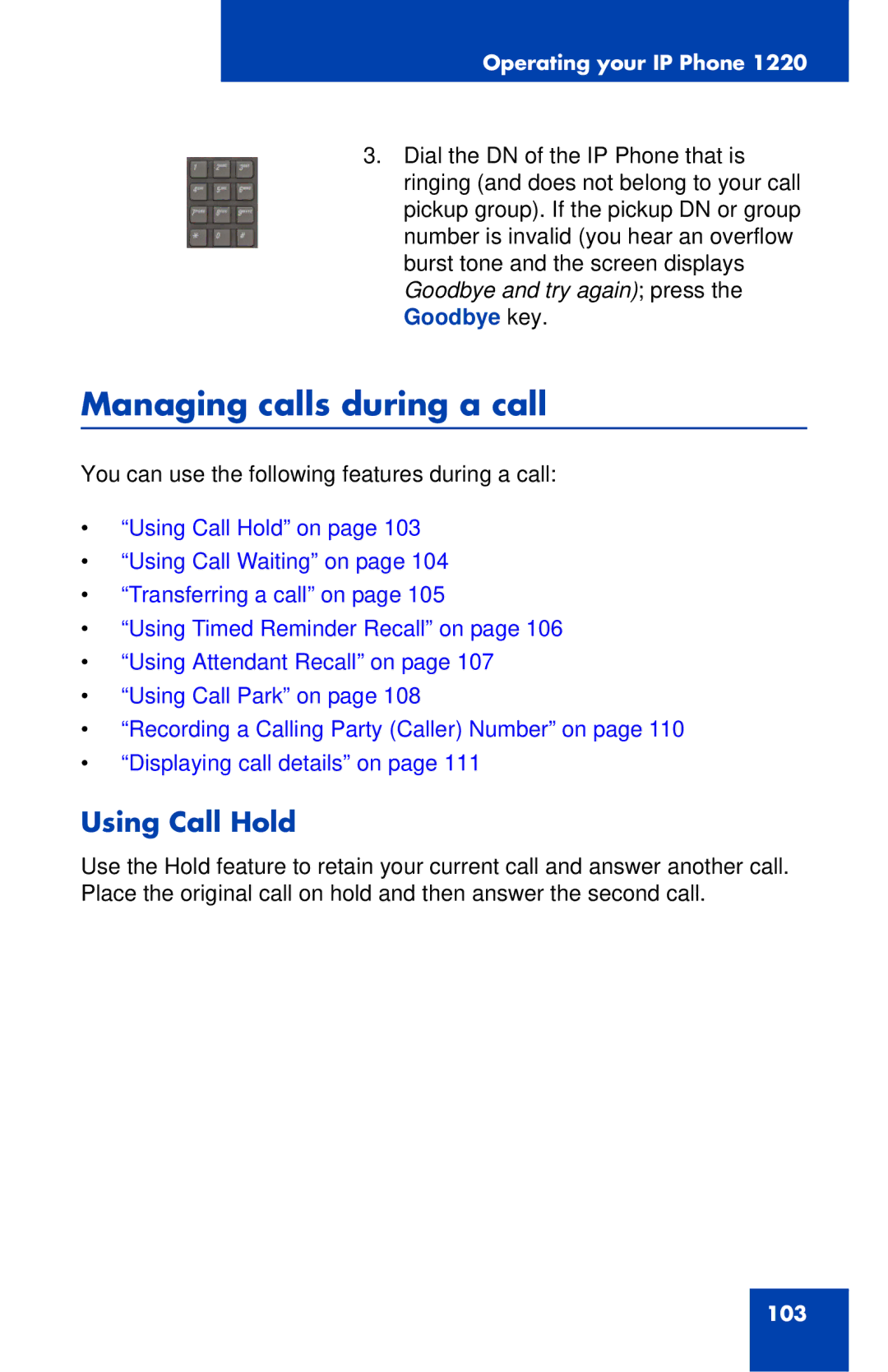 Nortel Networks IP Phone 1220 manual Managing calls during a call, Using Call Hold 