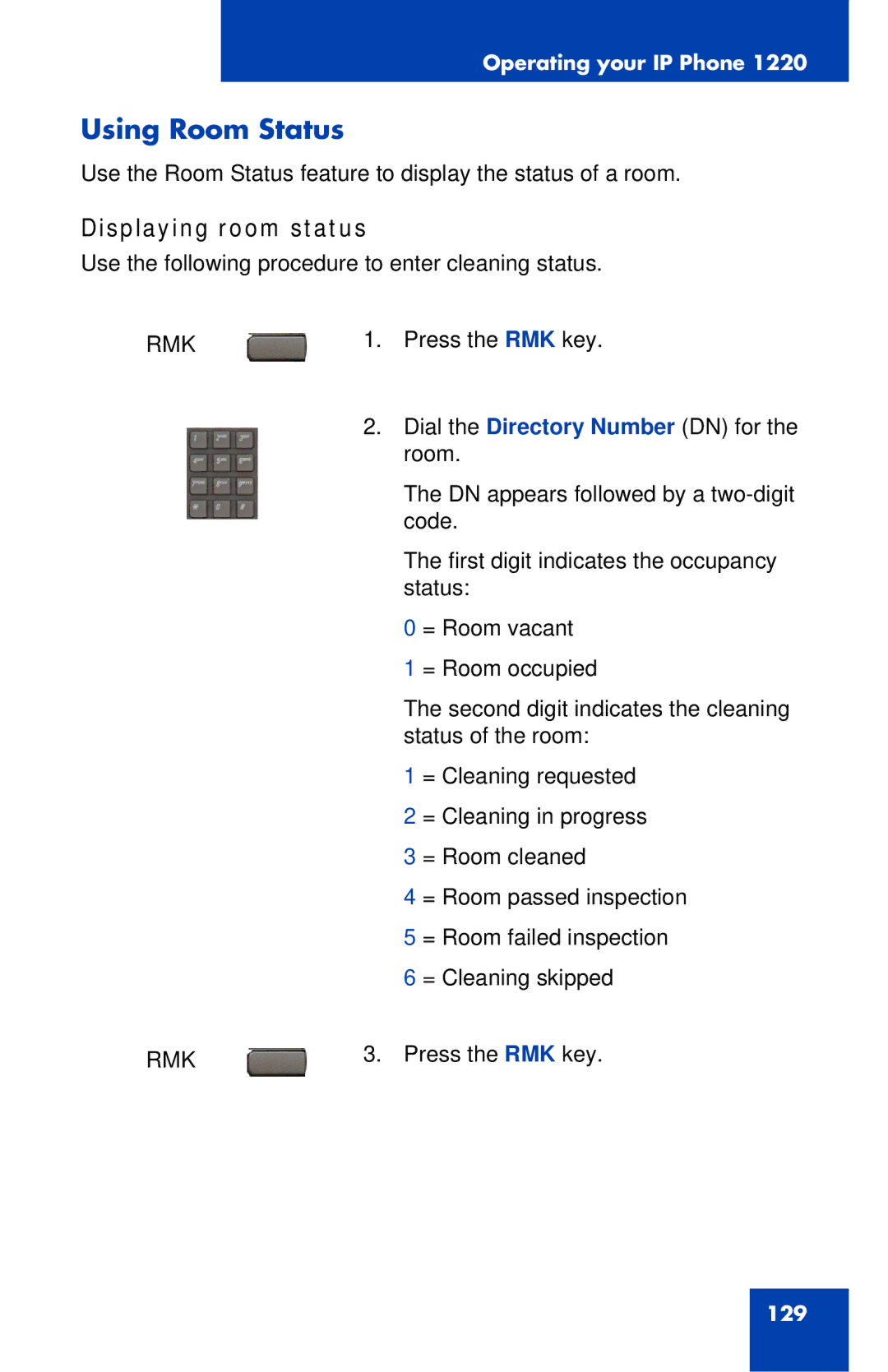 Nortel Networks IP Phone 1220 manual Using Room Status, Displaying room status 