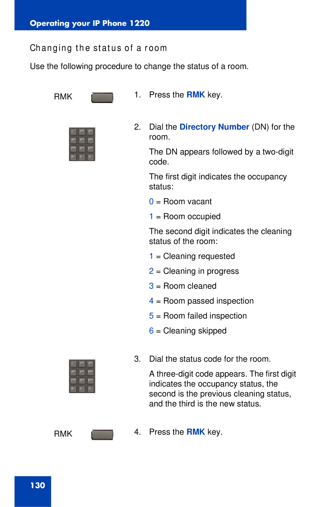 Nortel Networks IP Phone 1220 manual Changing the status of a room 