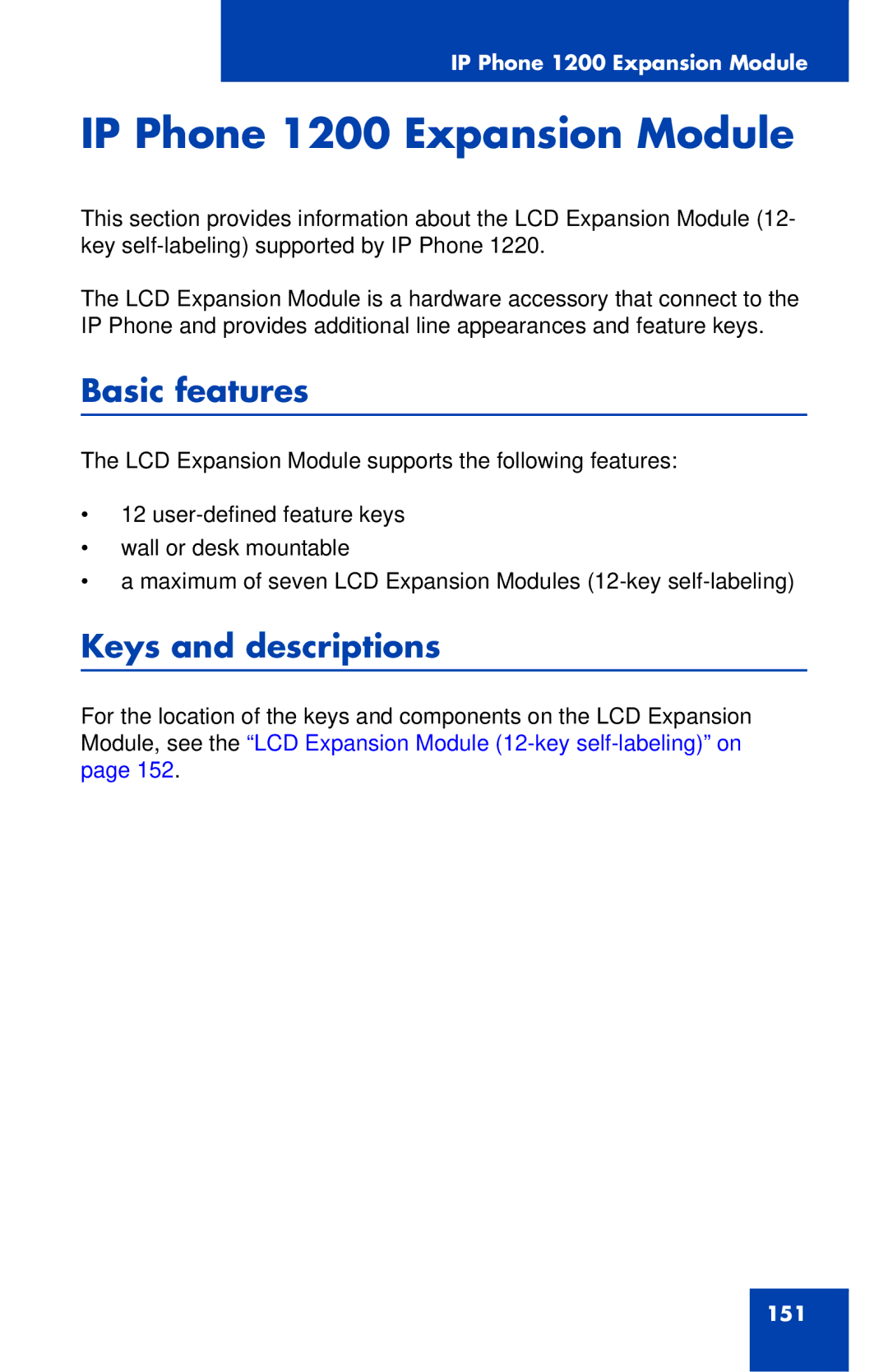 Nortel Networks IP Phone 1220 manual IP Phone 1200 Expansion Module, Basic features, Keys and descriptions 