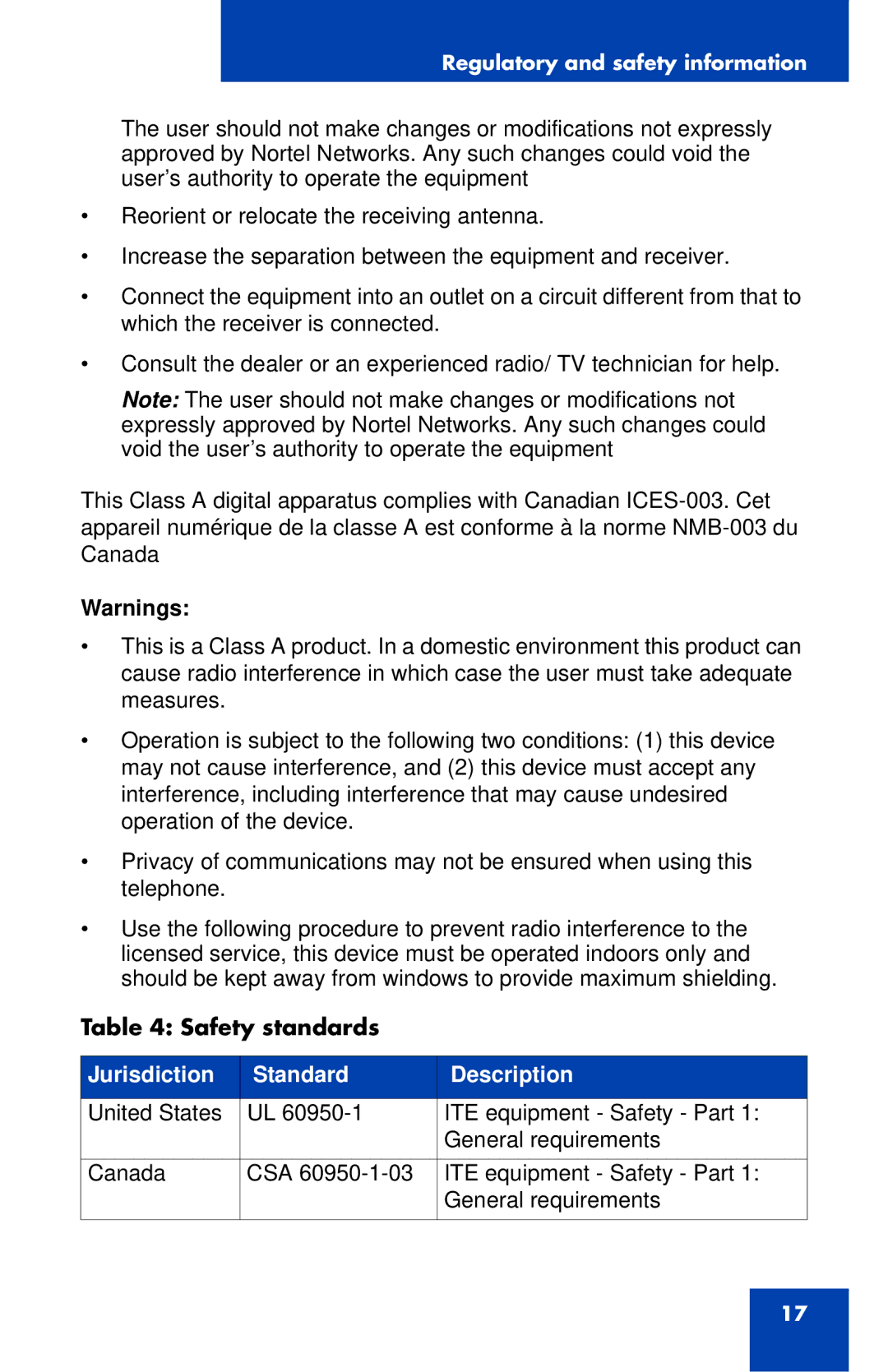 Nortel Networks IP Phone 1220 manual Safety standards 