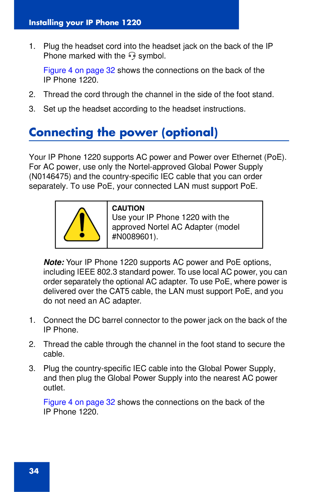 Nortel Networks IP Phone 1220 manual Connecting the power optional 