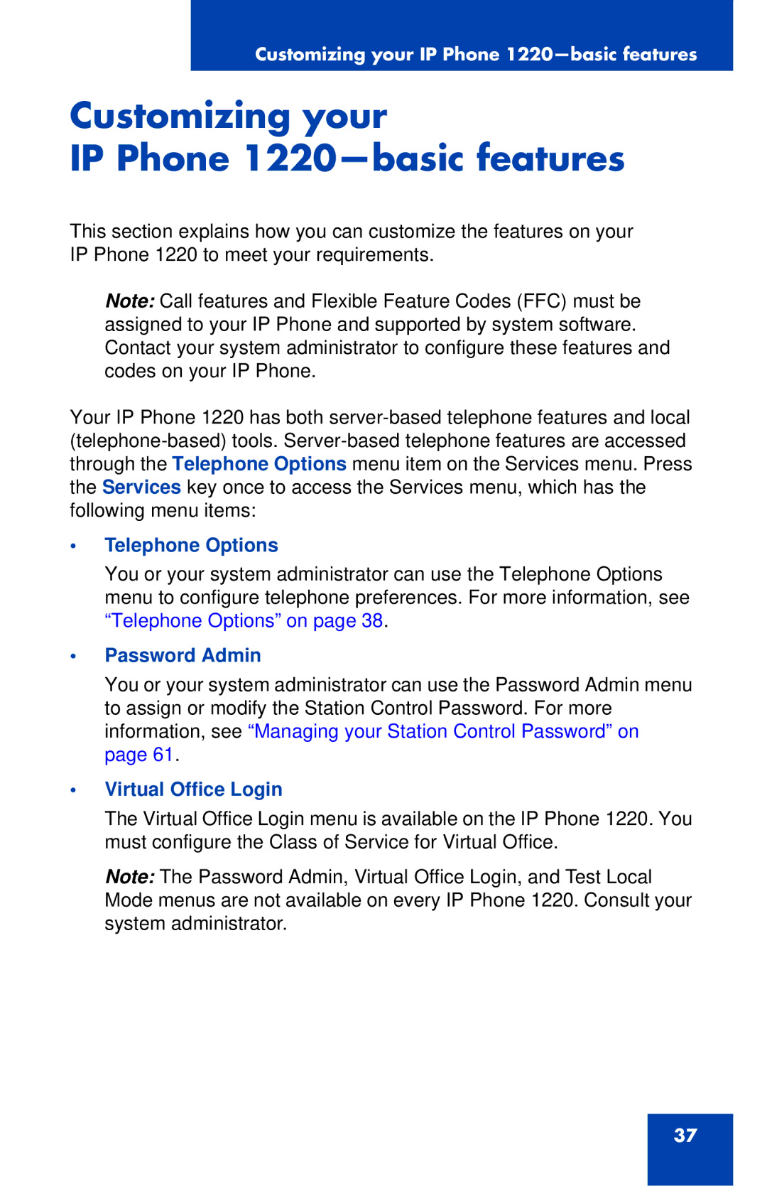 Nortel Networks Customizing your IP Phone 1220-basic features, Telephone Options, Password Admin, Virtual Office Login 