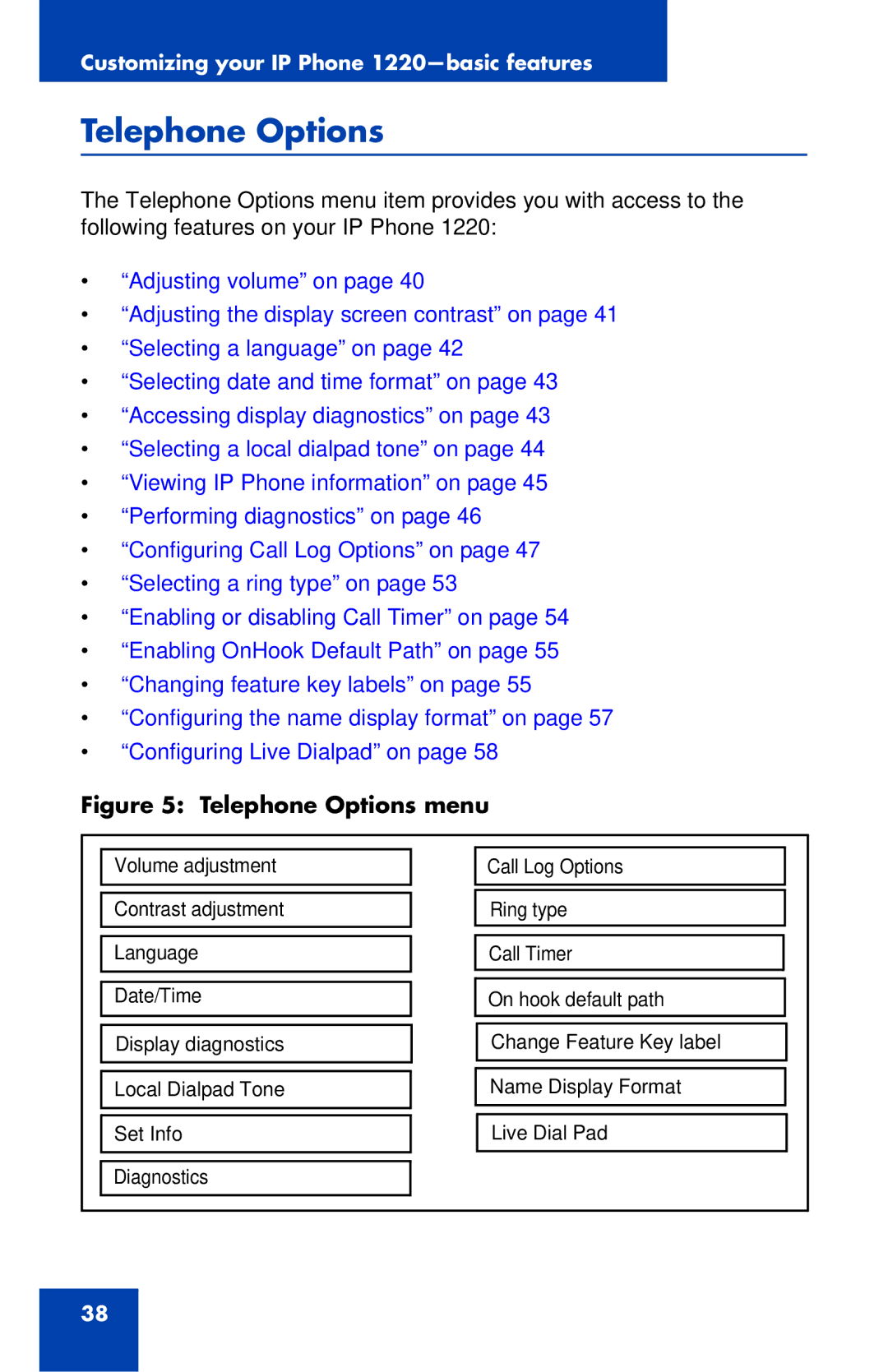 Nortel Networks IP Phone 1220 manual Telephone Options menu 