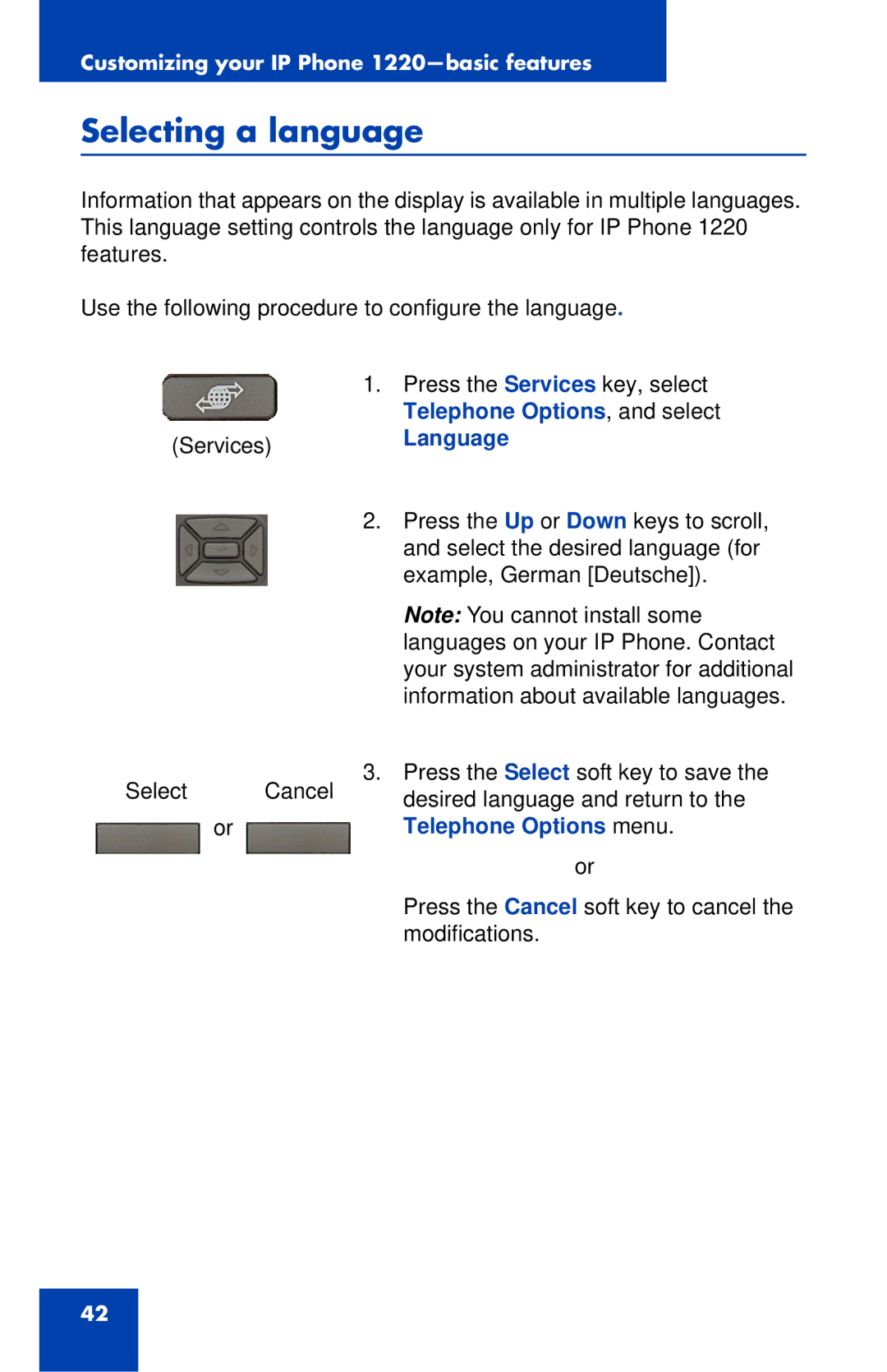 Nortel Networks IP Phone 1220 manual Selecting a language, Language 