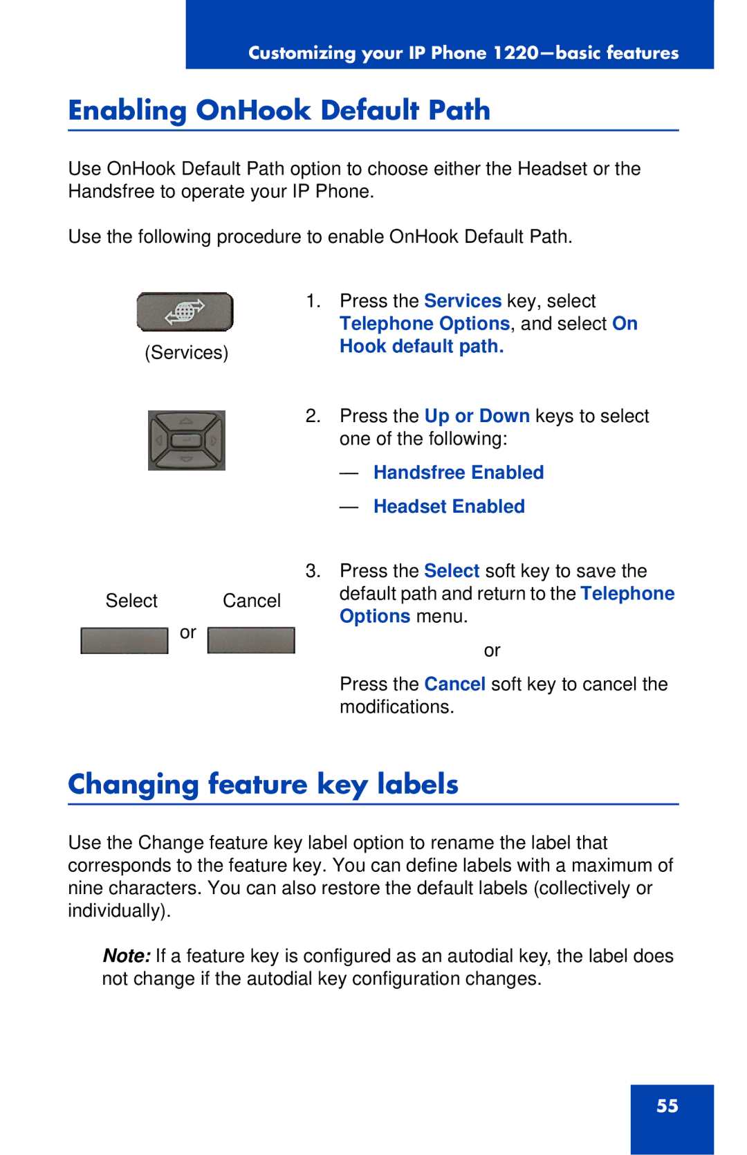 Nortel Networks IP Phone 1220 manual Enabling OnHook Default Path, Changing feature key labels, Hook default path 