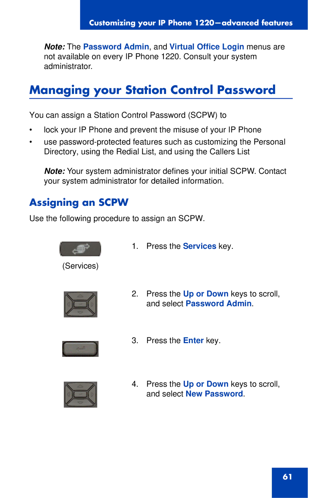 Nortel Networks IP Phone 1220 manual Managing your Station Control Password, Assigning an Scpw 