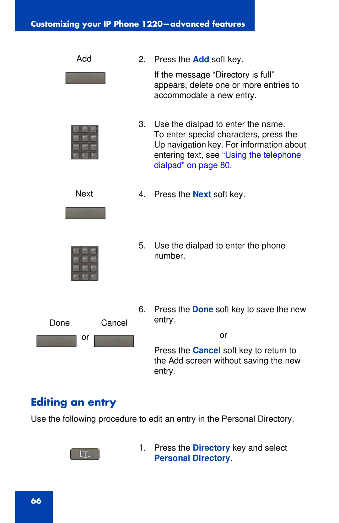 Nortel Networks IP Phone 1220 manual Editing an entry 