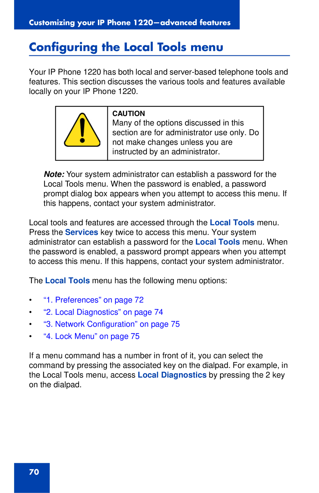 Nortel Networks IP Phone 1220 manual Configuring the Local Tools menu 