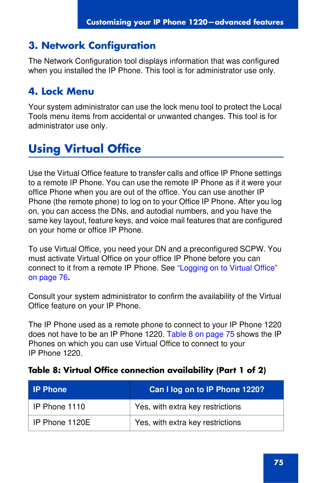 Nortel Networks IP Phone 1220 manual Using Virtual Office, Network Configuration, Lock Menu 