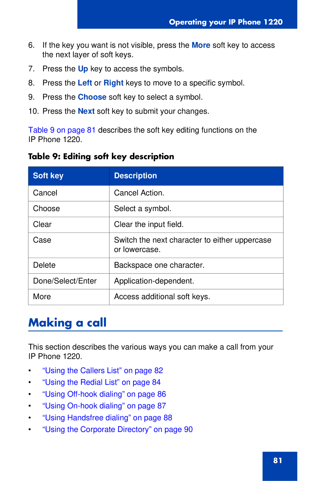 Nortel Networks IP Phone 1220 manual Making a call, Soft key Description 