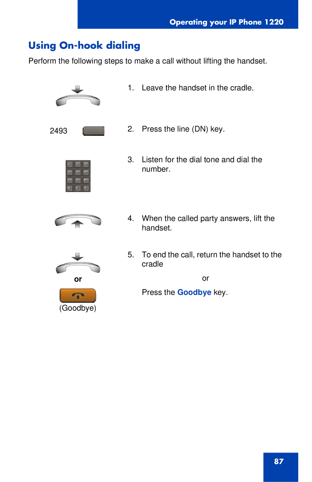 Nortel Networks IP Phone 1220 manual Using On-hook dialing 