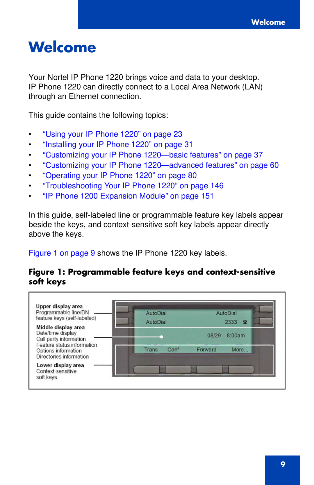 Nortel Networks manual Welcome, On page 9 shows the IP Phone 1220 key labels 