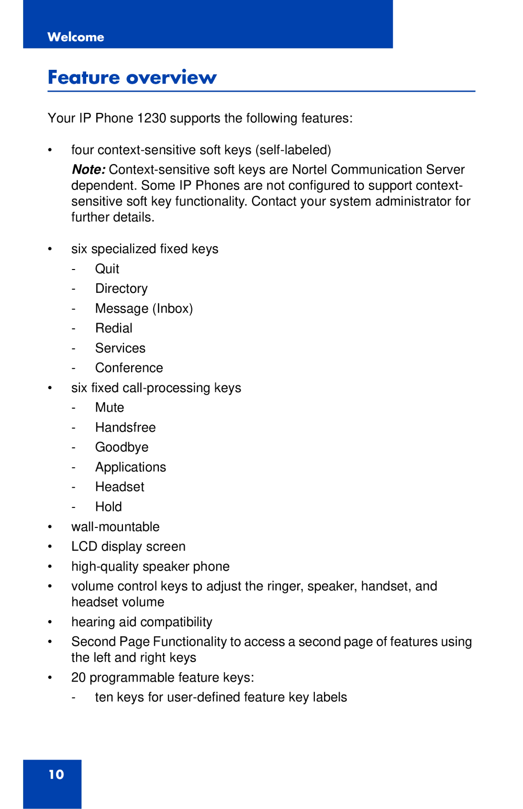 Nortel Networks IP Phone 1230 manual Feature overview 