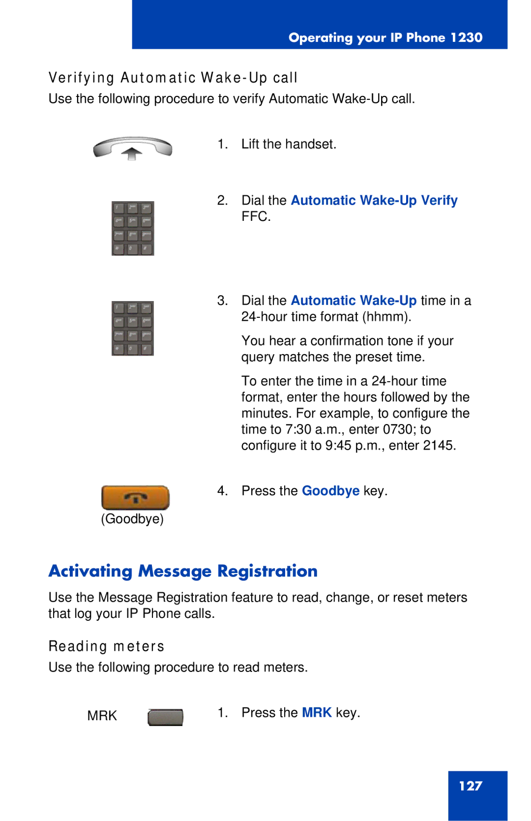 Nortel Networks IP Phone 1230 manual Activating Message Registration, Verifying Automatic Wake-Up call, Reading meters 