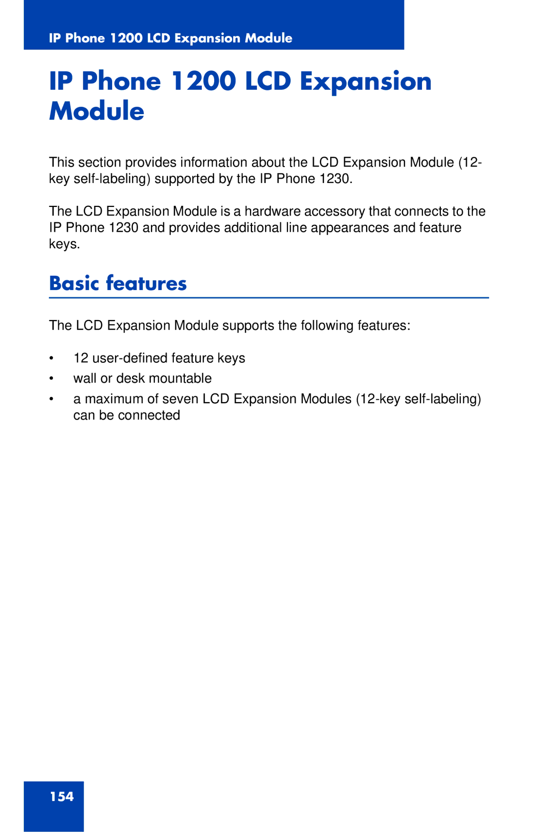 Nortel Networks IP Phone 1230 manual IP Phone 1200 LCD Expansion Module, Basic features 