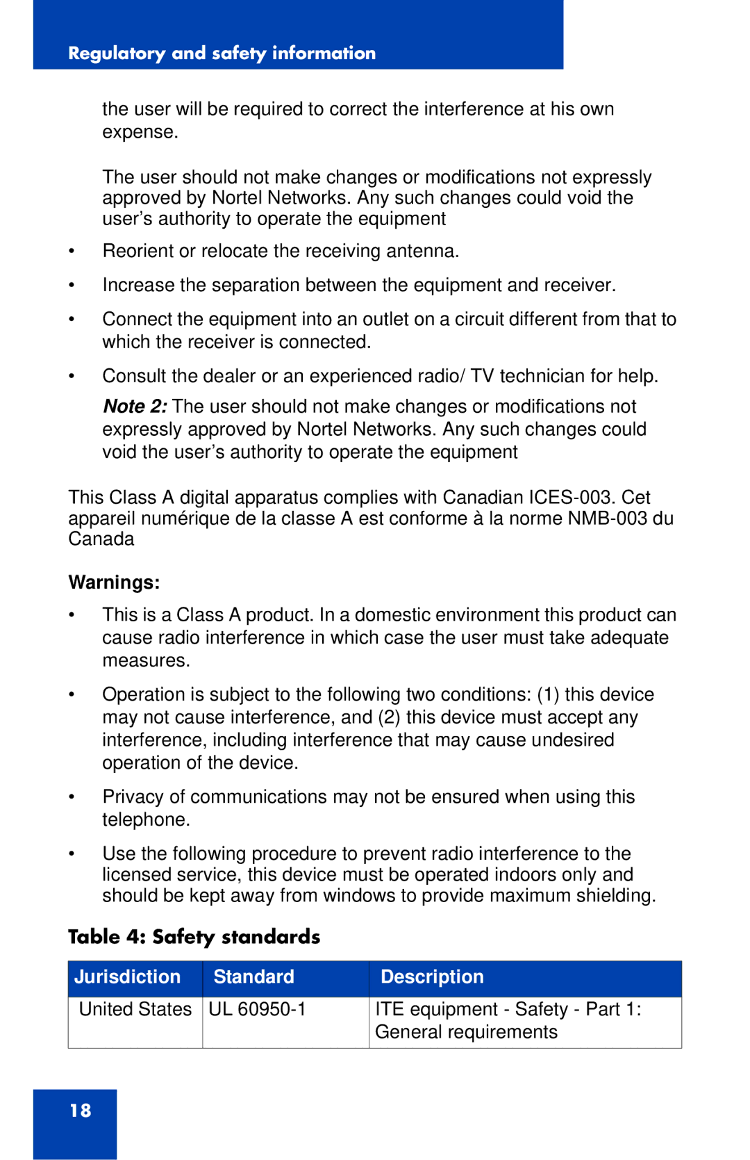 Nortel Networks IP Phone 1230 manual Safety standards 