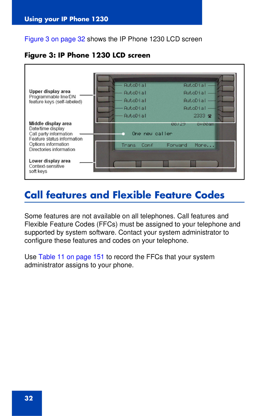 Nortel Networks manual Call features and Flexible Feature Codes, On page 32 shows the IP Phone 1230 LCD screen 