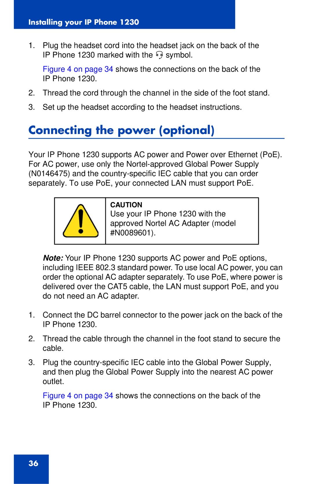 Nortel Networks IP Phone 1230 manual Connecting the power optional 