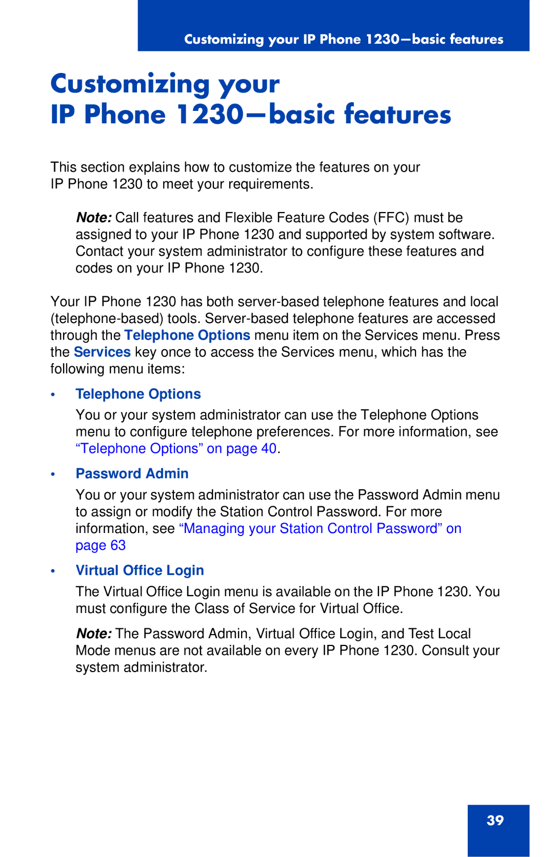 Nortel Networks Customizing your IP Phone 1230-basic features, Telephone Options, Password Admin, Virtual Office Login 