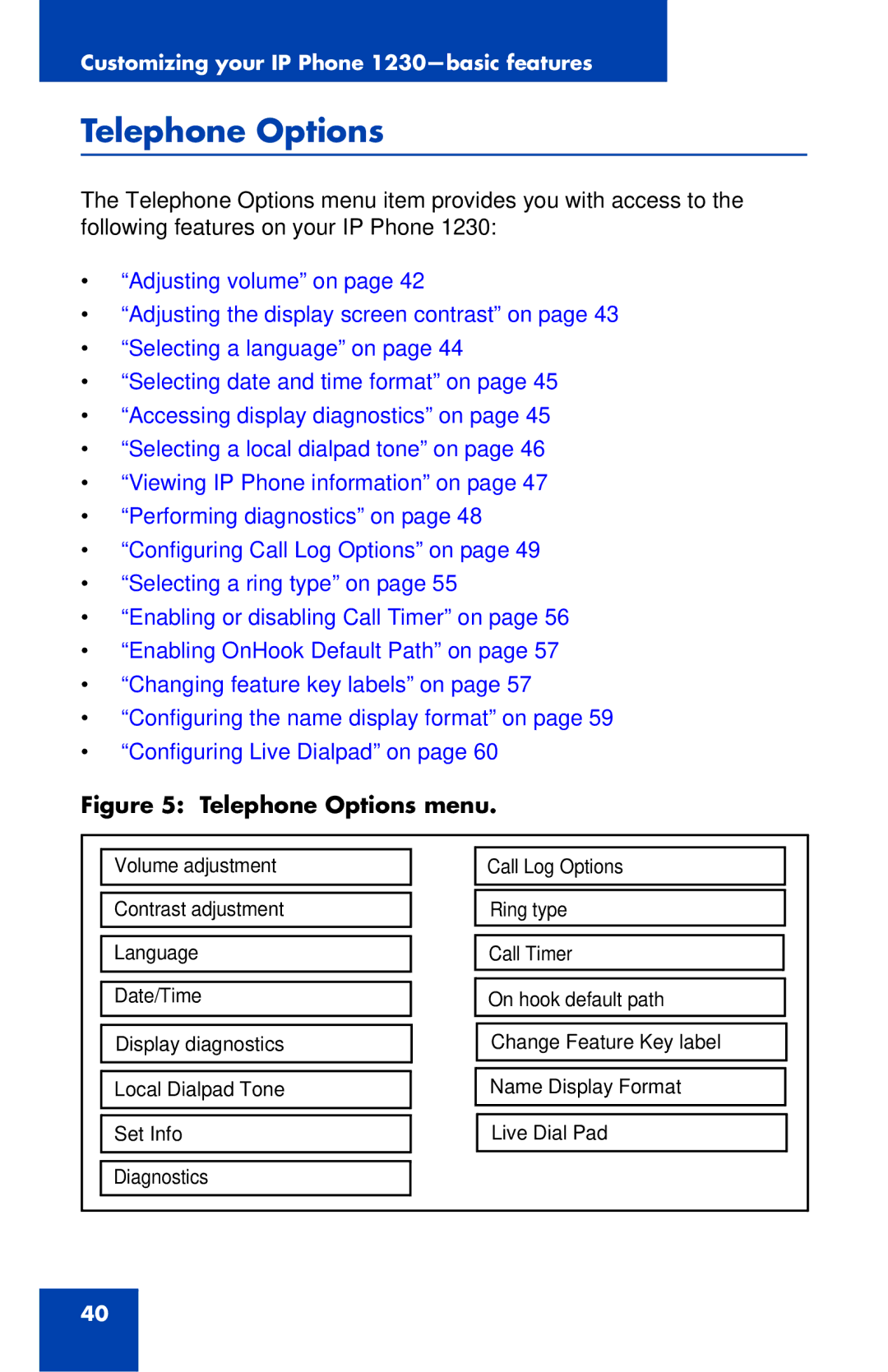 Nortel Networks IP Phone 1230 manual Telephone Options menu 