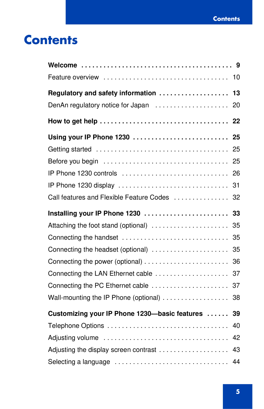 Nortel Networks IP Phone 1230 manual Contents 